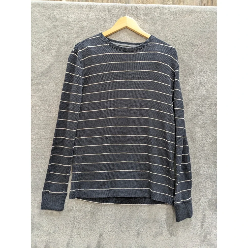 Classic Waffle Knit Thermal Shirt Mens Medium Navy Blue Striped Long Sleeve